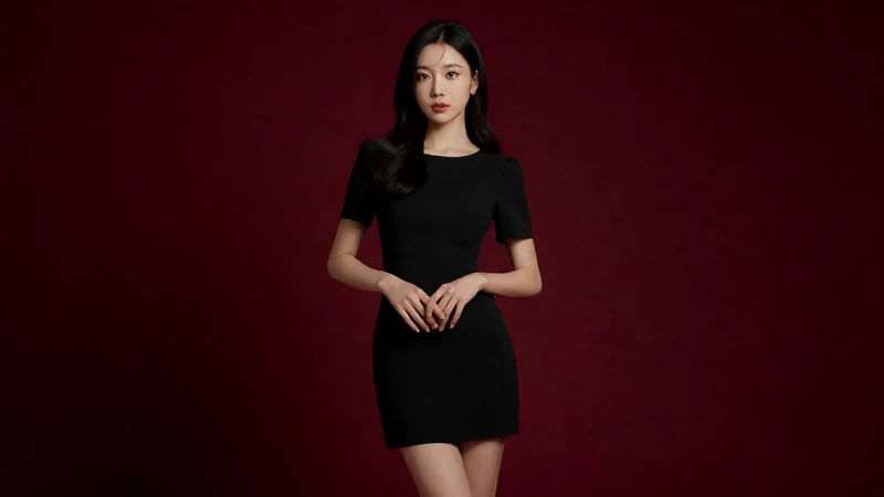 虚构成年东亚女主穿黑色短裙站在深红色摄影背景中央